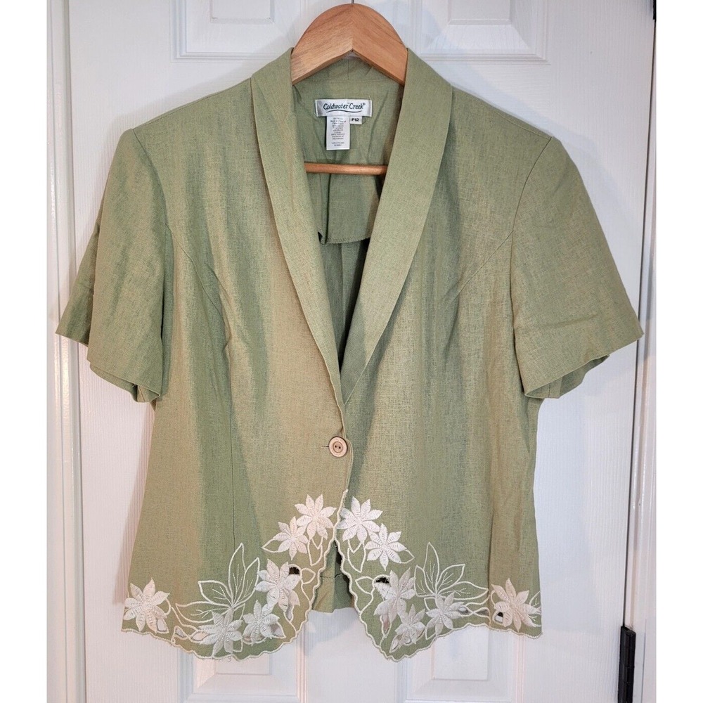 Coldwater Creek Womes Blazer Petite 12 Linen Embroidered Short Sleeve Green